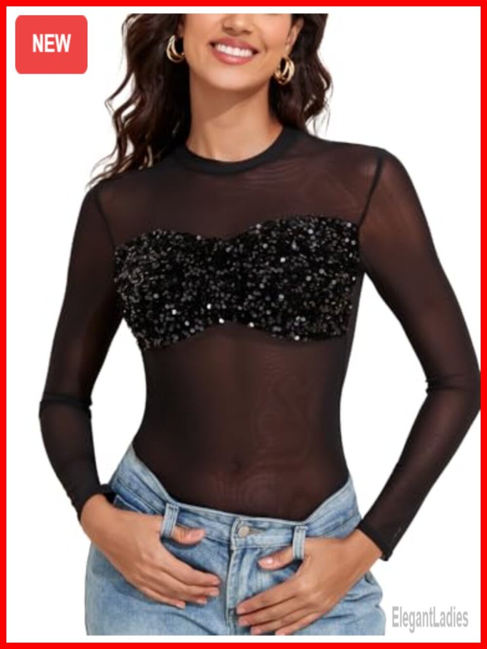 Sequin Mesh Long Sleeve Top Sheer Glitter Party Blouse